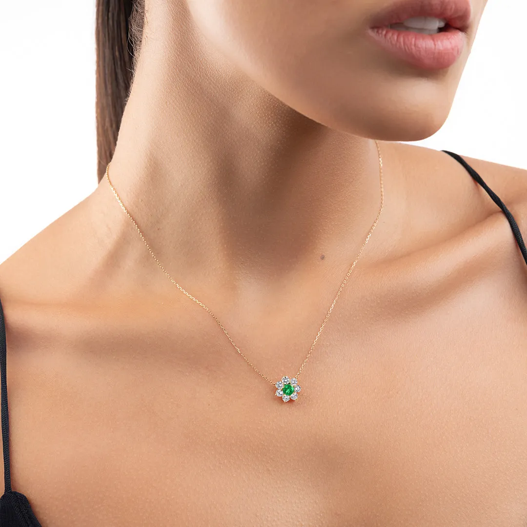 0.3CT ROUND EMERALD HALO PENDANT YELLOW GOLD
