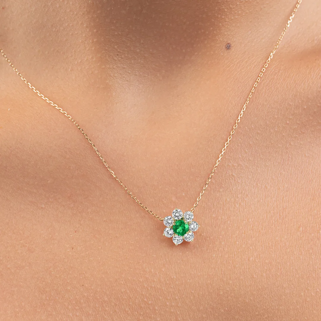 0.3CT ROUND EMERALD HALO PENDANT YELLOW GOLD