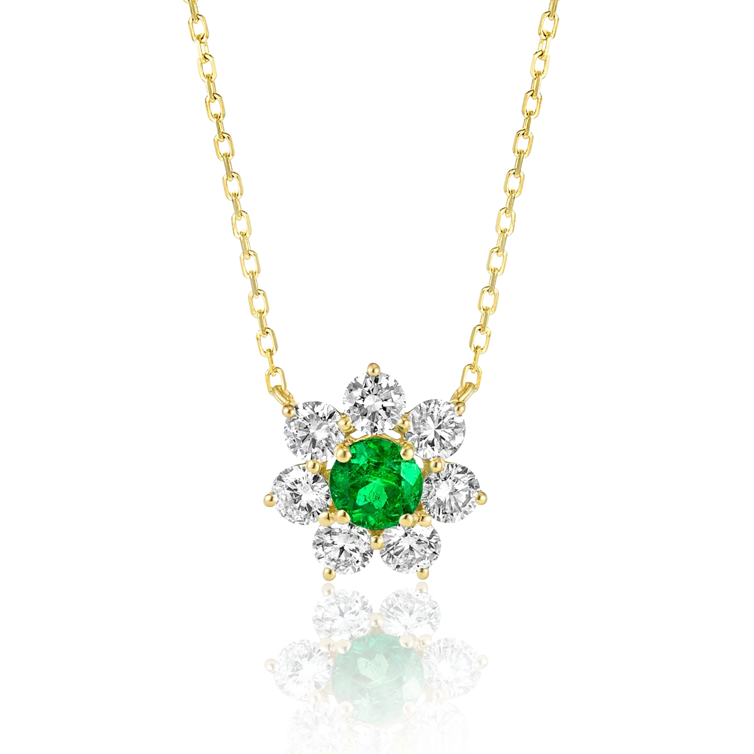 0.3CT ROUND EMERALD HALO PENDANT YELLOW GOLD