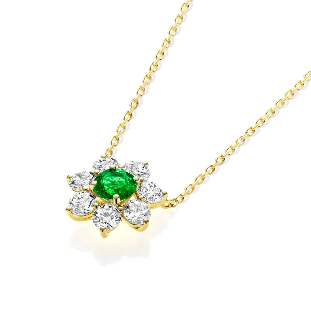 0.3CT ROUND EMERALD HALO PENDANT YELLOW GOLD