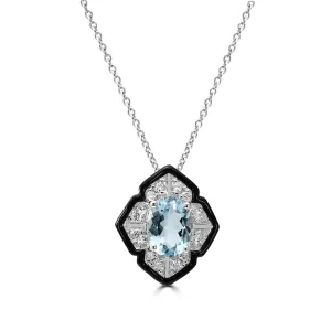 14K Aquamarine Pendant With Diamond And Onyx Halo