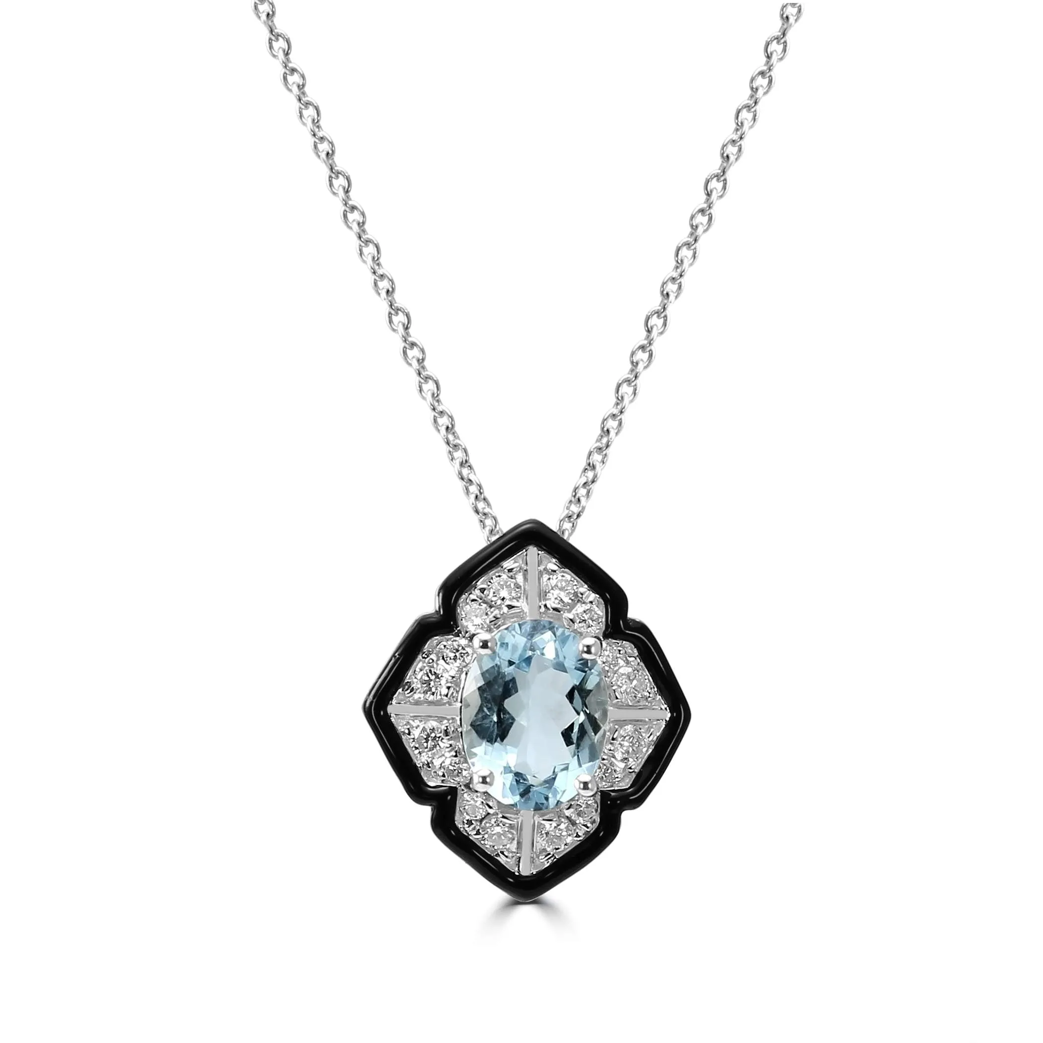 14K Aquamarine Pendant With Diamond And Onyx Halo