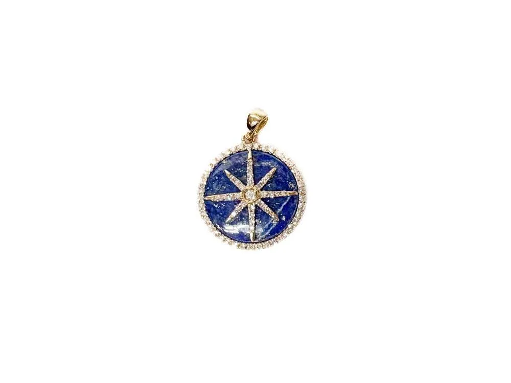 14K Compass Diamond and Lapis Pendant