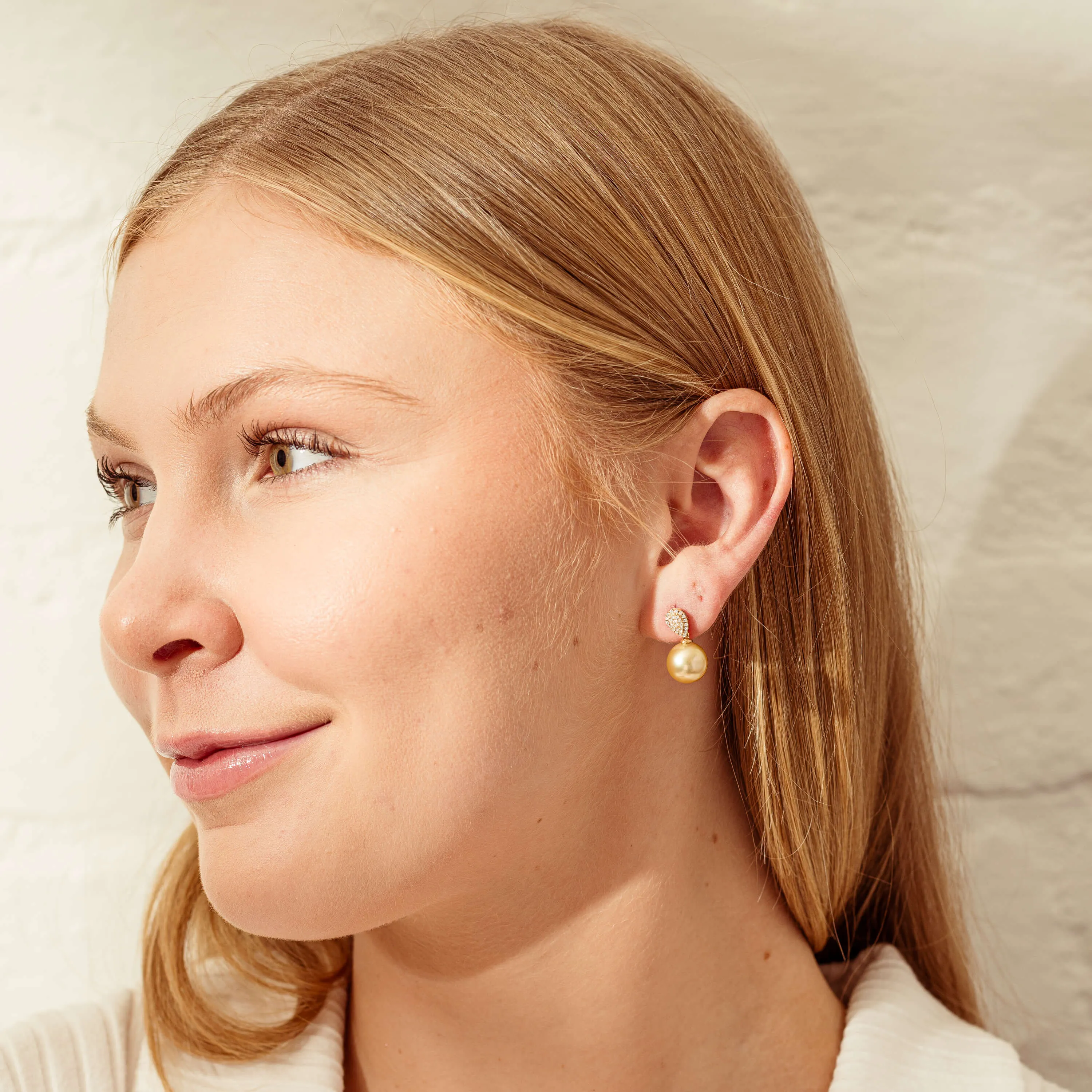 18ct Yellow Gold 10mm Golden Pearl & Diamond Aegean Earrings