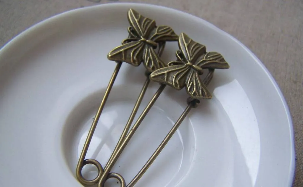 6 pcs Antique Bronze Butterfly Safety Pins Broochs  A4874
