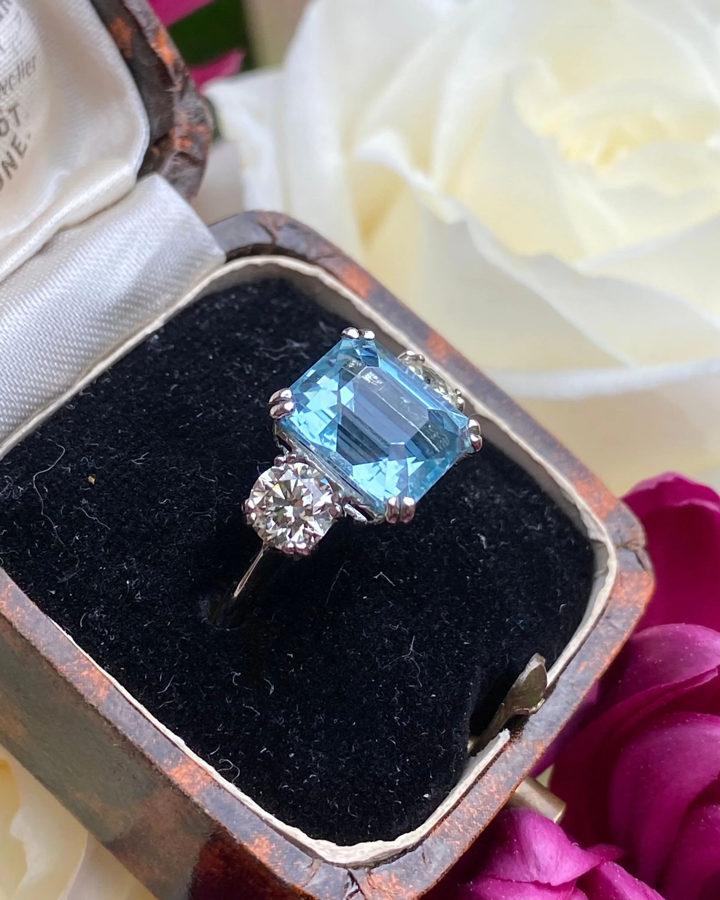 Aquamarine and Diamond Three Stone Platinum Ring 1.02ct   3.35ct