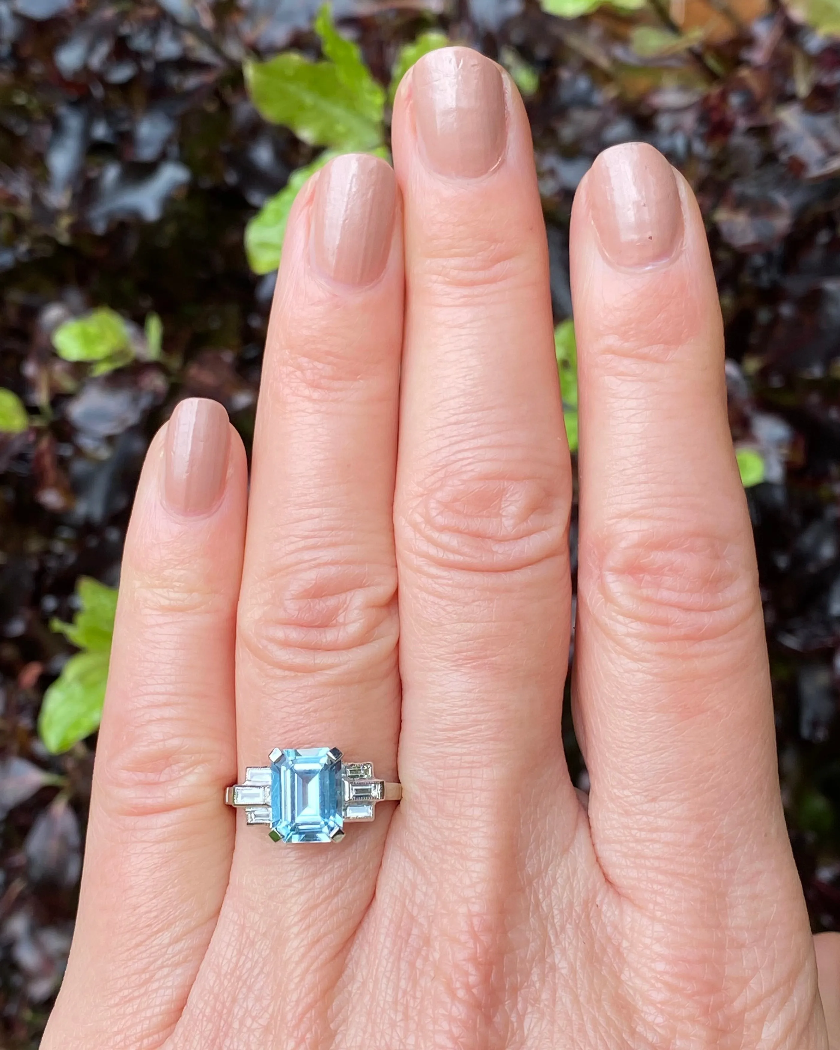 Art Deco Aquamarine and Diamond Platinum Ring 0.25ct   2.40ct