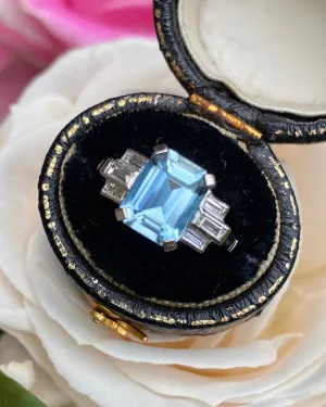 Art Deco Aquamarine and Diamond Platinum Ring 0.25ct   2.40ct