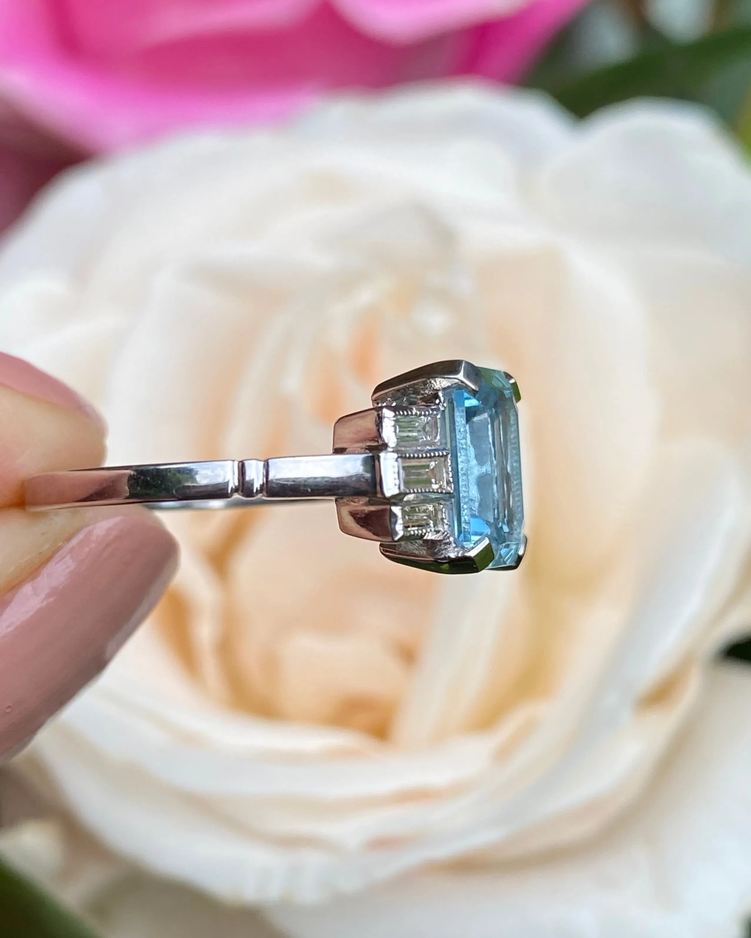 Art Deco Aquamarine and Diamond Platinum Ring 0.25ct   2.40ct
