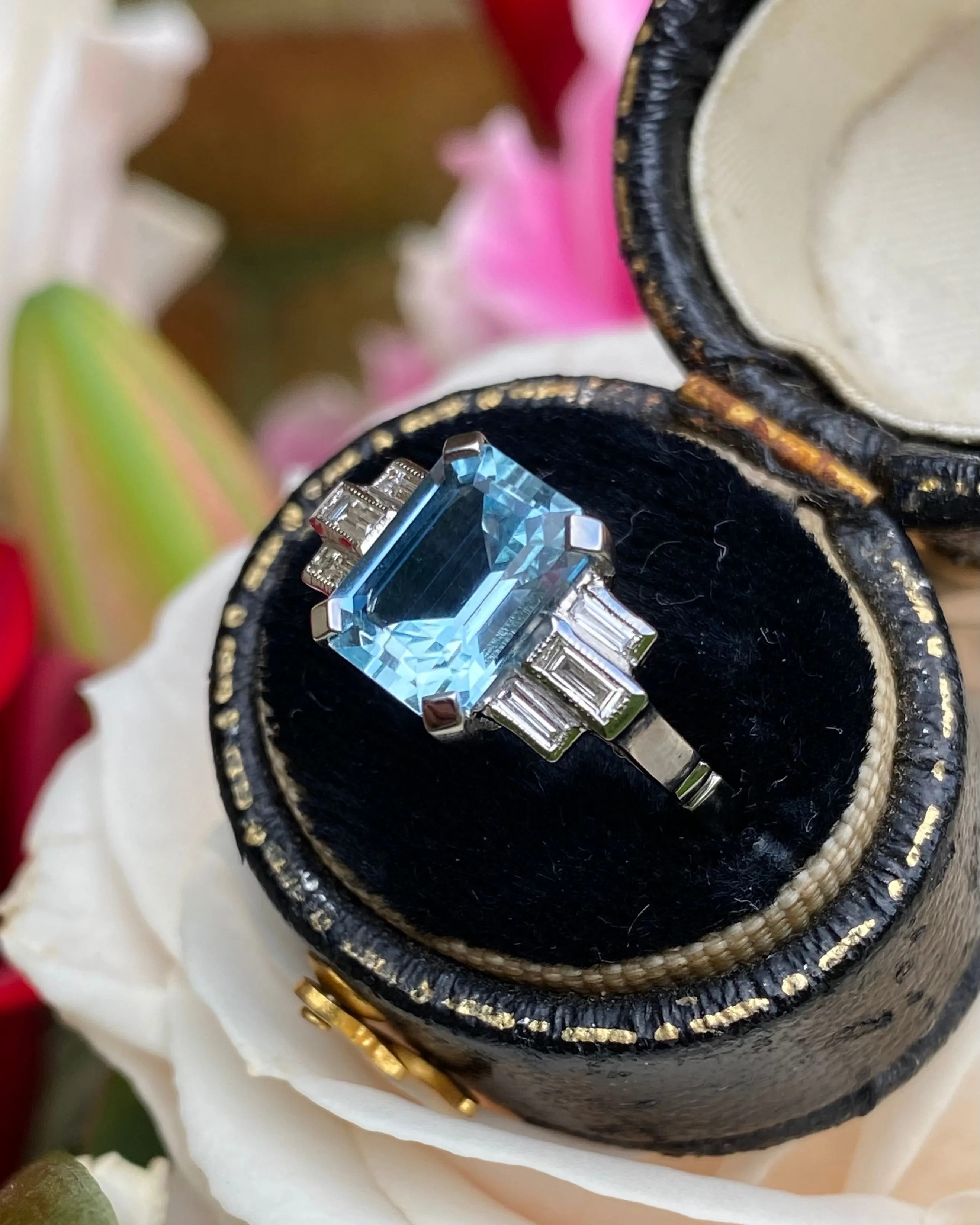 Art Deco Aquamarine and Diamond Platinum Ring 0.25ct   2.40ct