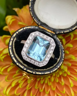 Art Deco Aquamarine and Diamond Ring 0.50ct   3.65ct Platinum