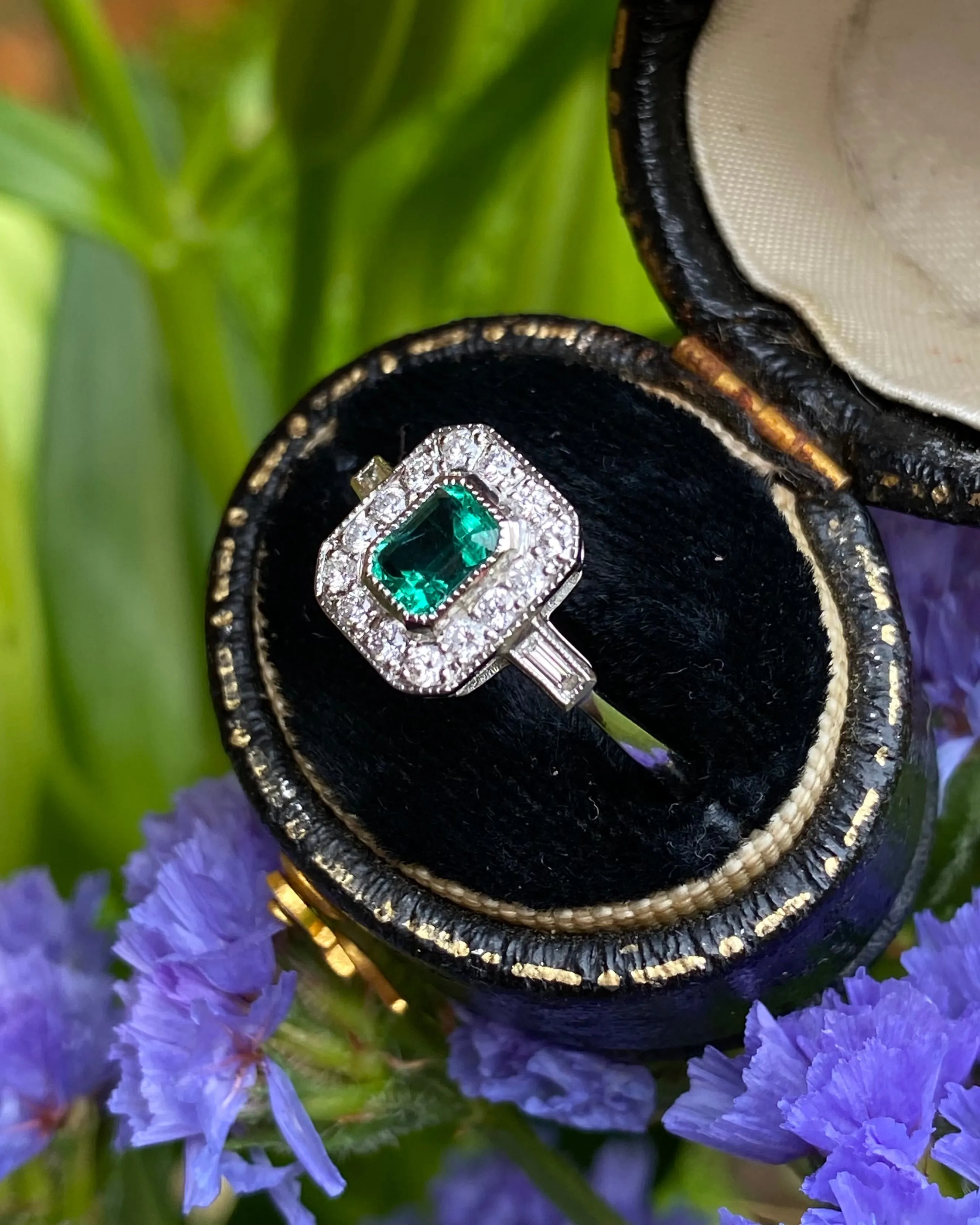 Art Deco Emerald and Diamond Cluster Platinum Ring 0.30ct   0.50ct