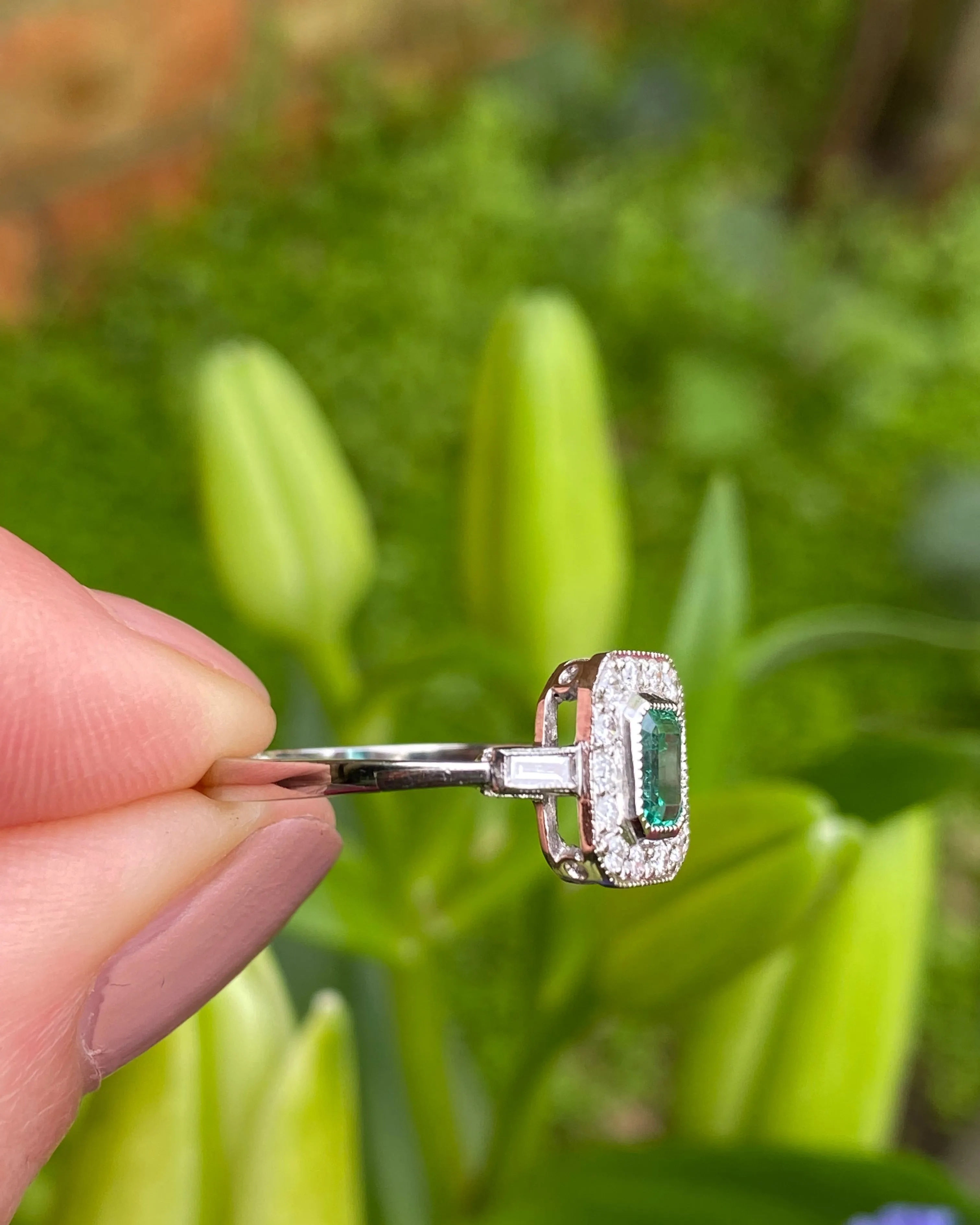 Art Deco Emerald and Diamond Cluster Platinum Ring 0.30ct   0.50ct