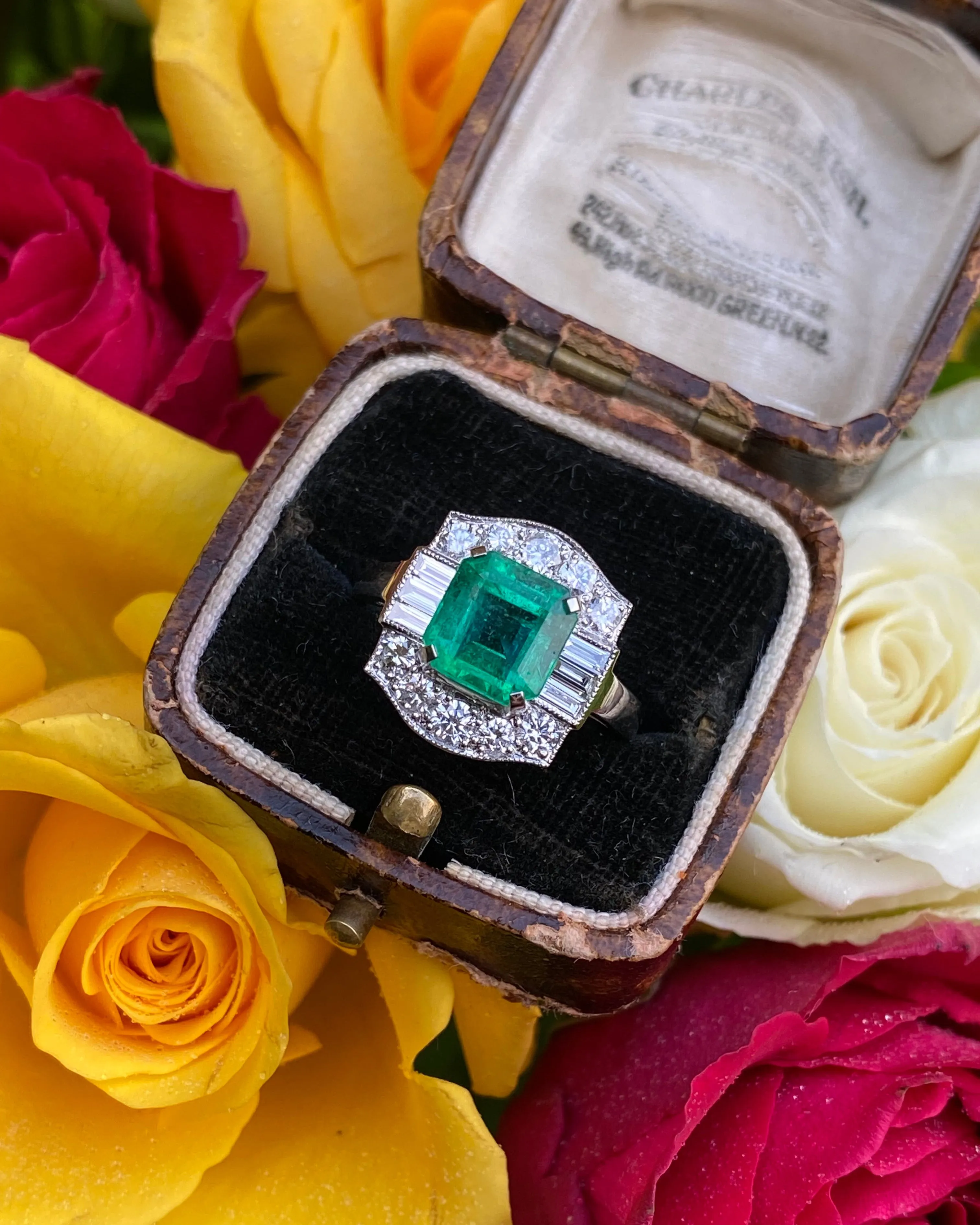 Art Deco Emerald and Diamond Cluster Platinum Ring 0.85ct   2.05ct