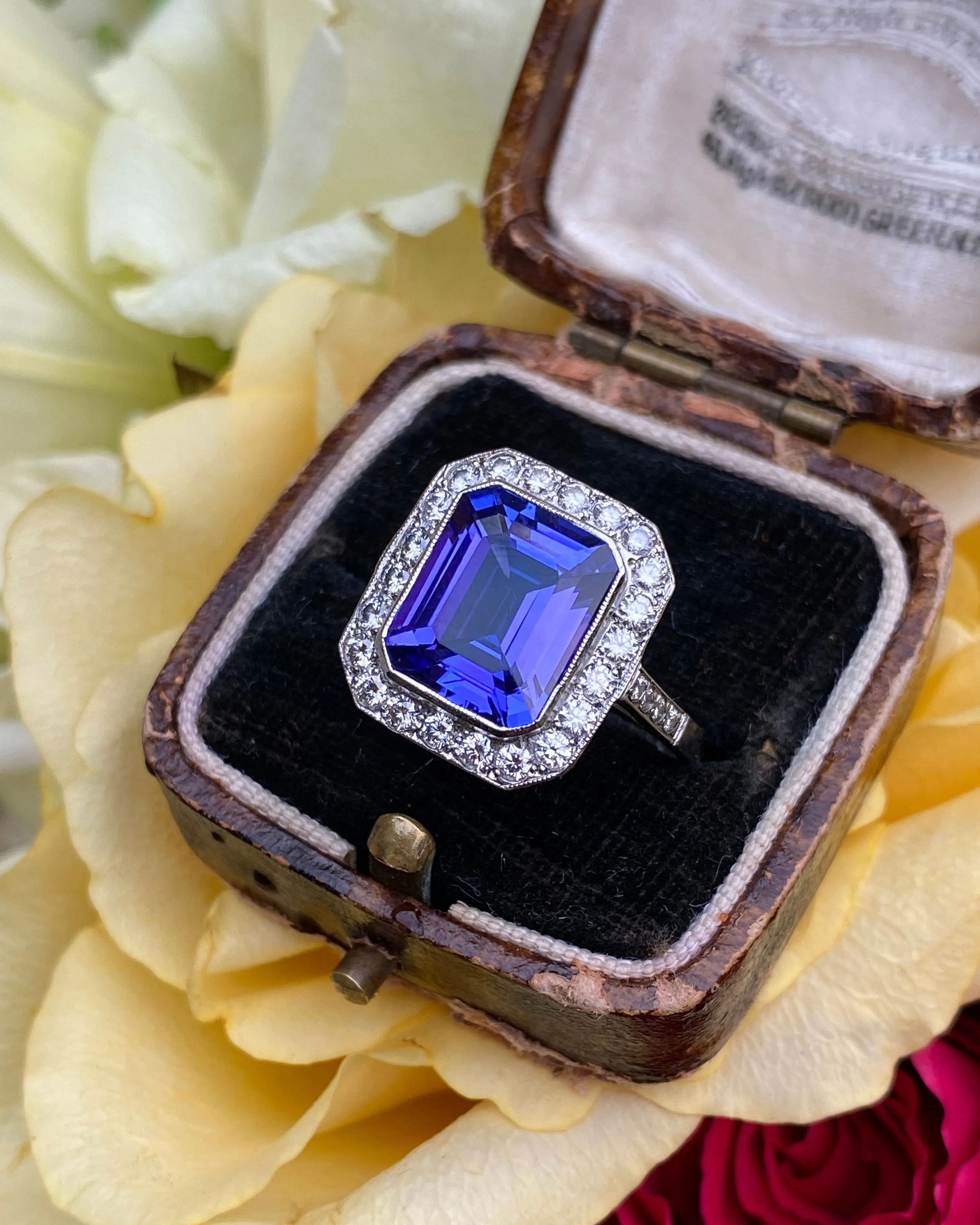 Art Deco Tanzanite & Diamond Platinum Cluster Ring 0.65ct   4.55ct