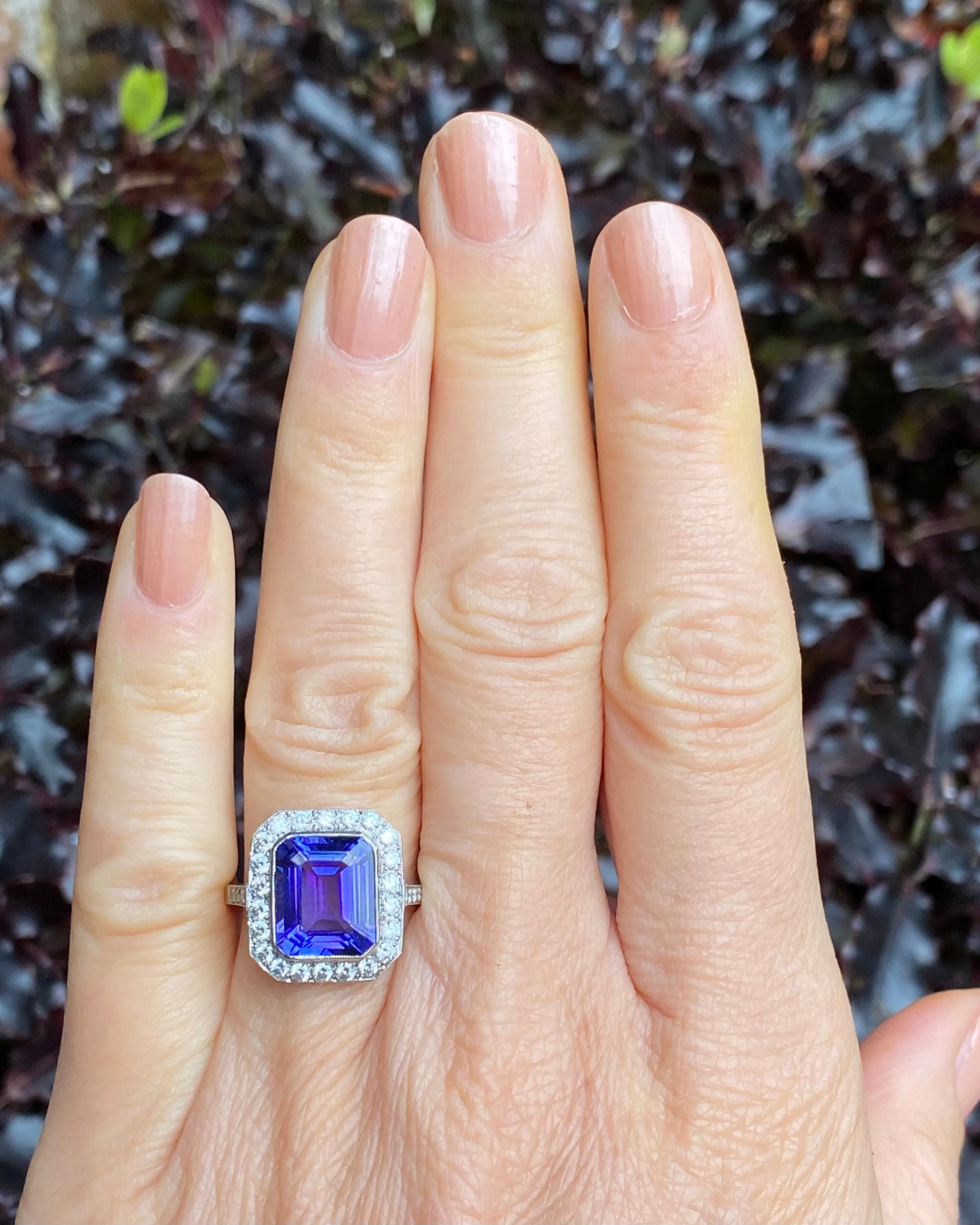 Art Deco Tanzanite & Diamond Platinum Cluster Ring 0.65ct   4.55ct