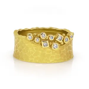 Barbara Heinrich Diamond Cluster Textured Gold Carved Glacier Band Ring
