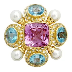 Brooch - Kunzite, Blue Topaz, Pearl and Diamond