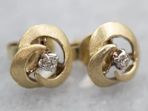 Brushed Gold Swirl Diamond Stud Earrings