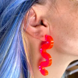 Chunky Squiggle Statement Earrings - Black Light Reactive Clear Pink