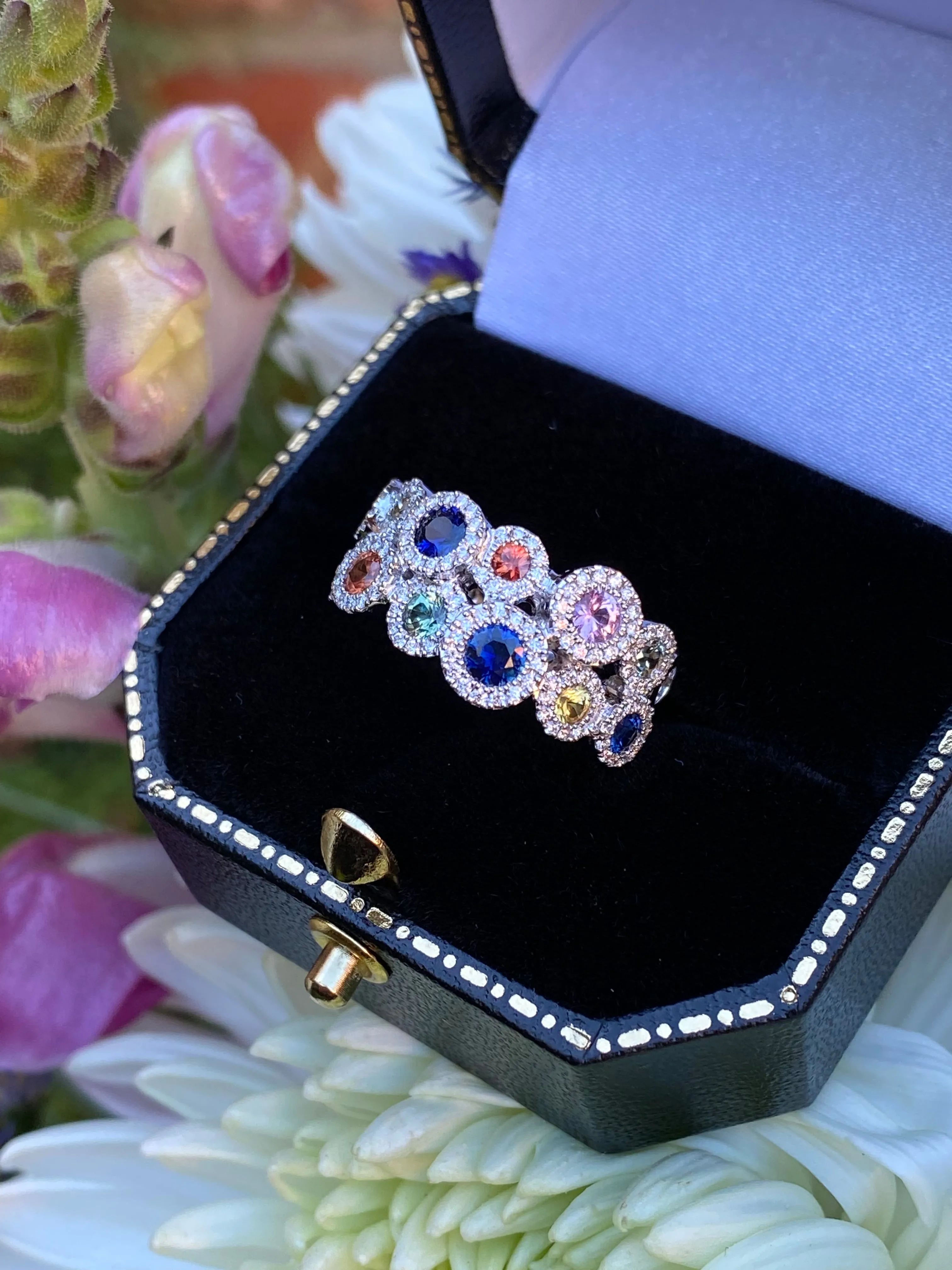 Contemporary Multi-Coloured Sapphire and Diamond Cluster Ring 18ct White Gold 0.38ct   1.19ct