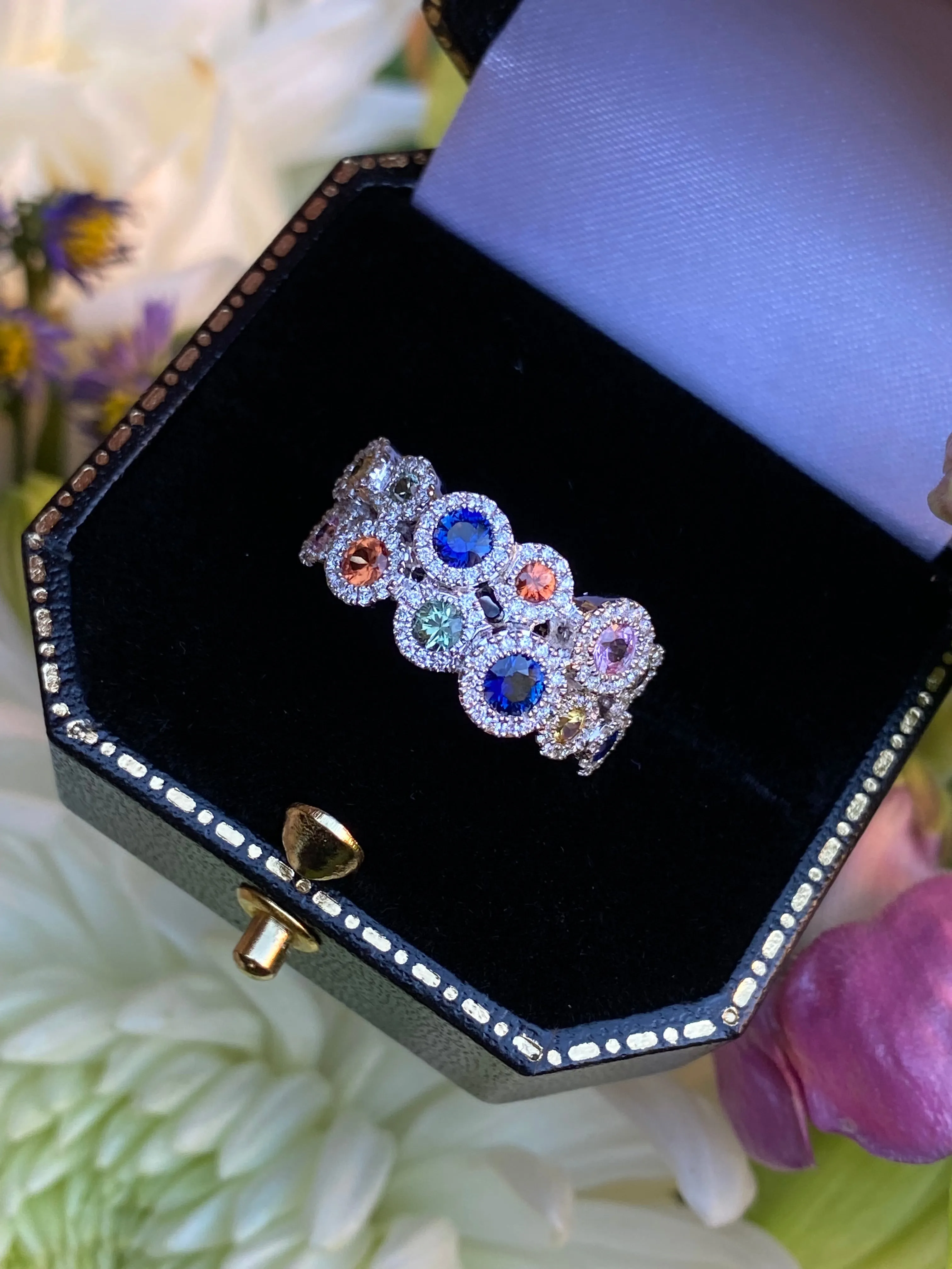 Contemporary Multi-Coloured Sapphire and Diamond Cluster Ring 18ct White Gold 0.38ct   1.19ct