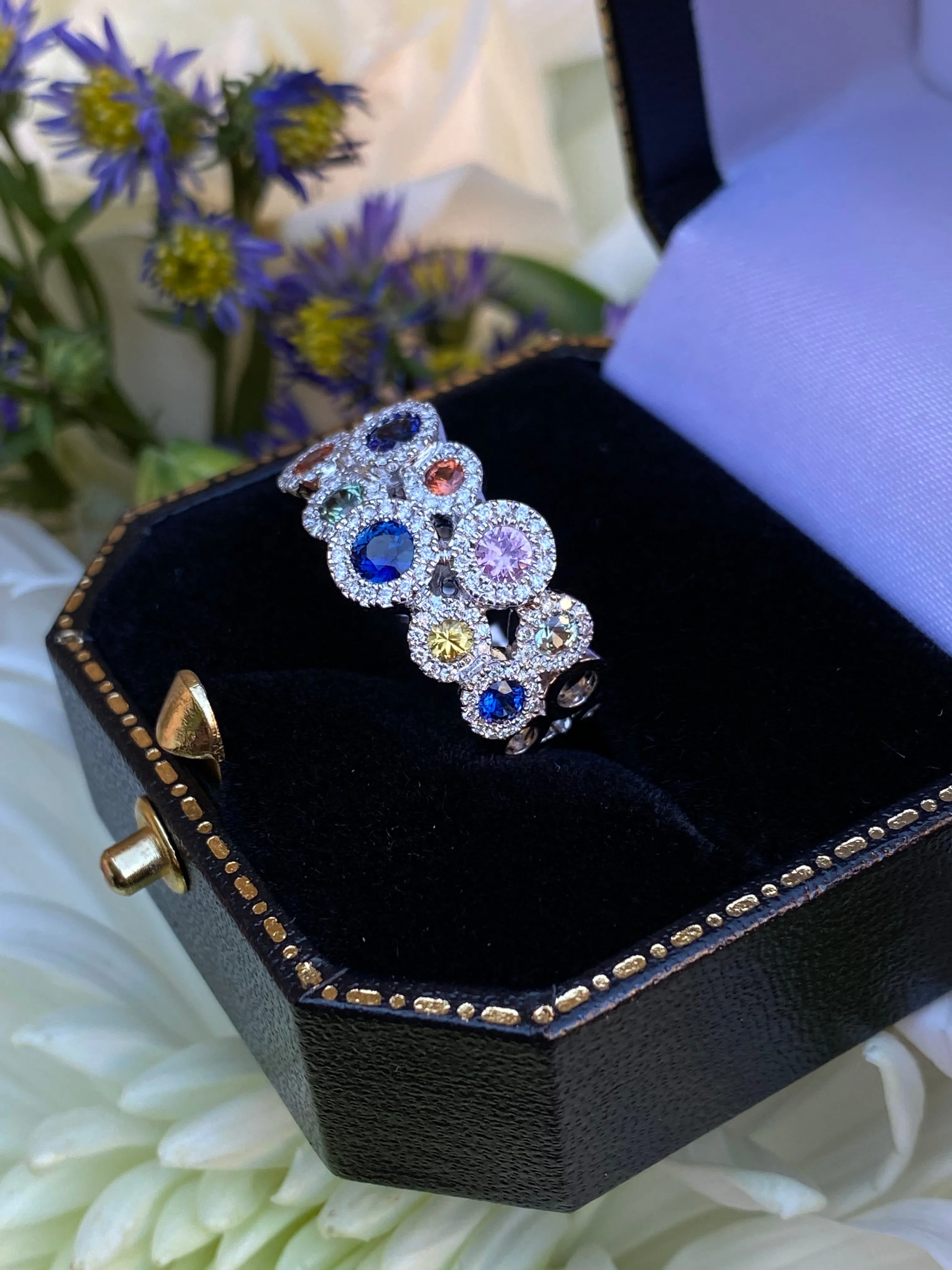 Contemporary Multi-Coloured Sapphire and Diamond Cluster Ring 18ct White Gold 0.38ct   1.19ct