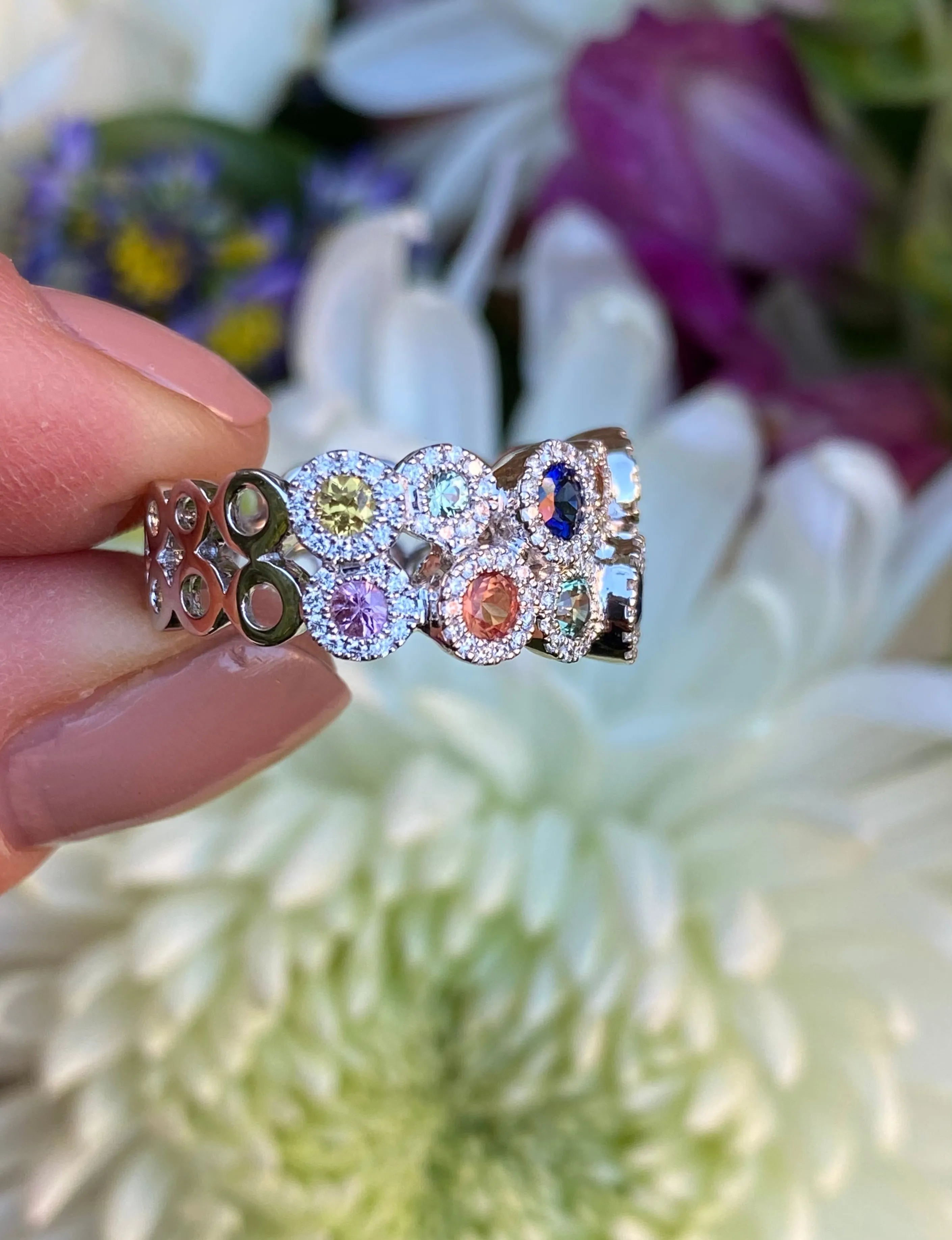 Contemporary Multi-Coloured Sapphire and Diamond Cluster Ring 18ct White Gold 0.38ct   1.19ct