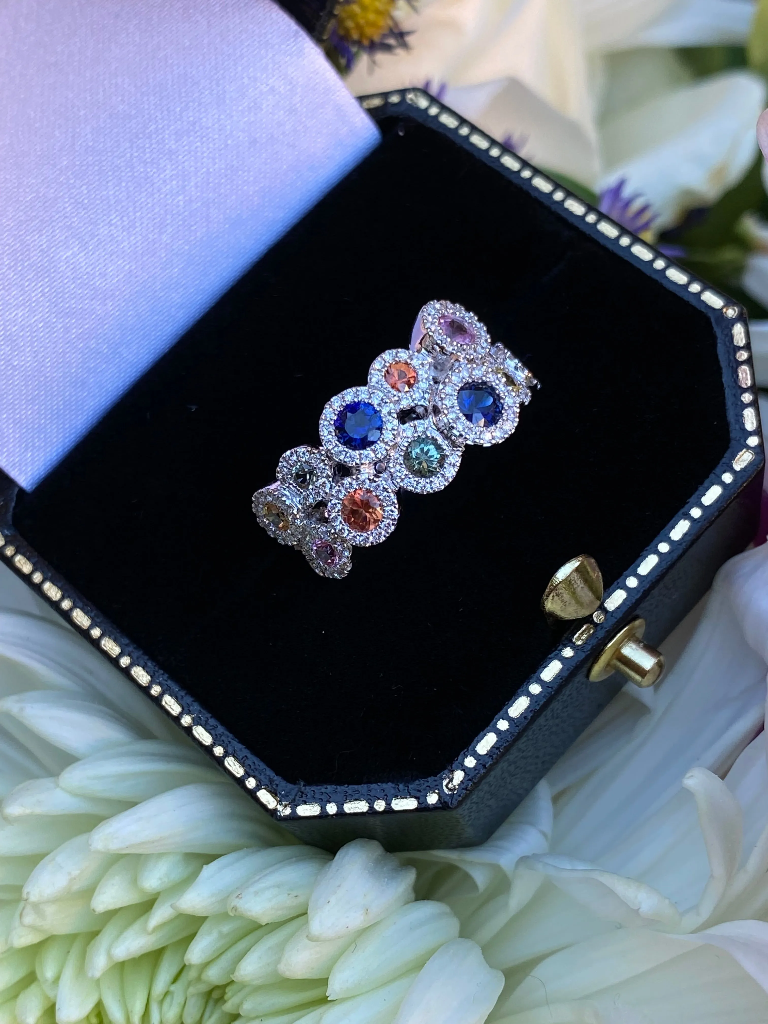 Contemporary Multi-Coloured Sapphire and Diamond Cluster Ring 18ct White Gold 0.38ct   1.19ct