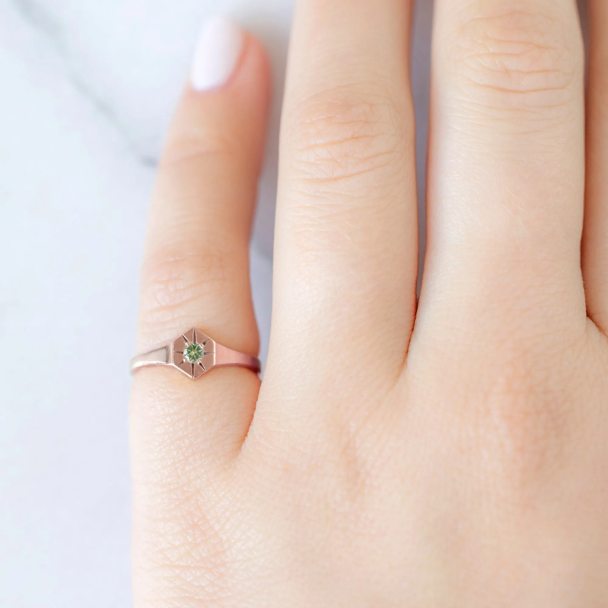 Custom Peridot Birthstone Signet Ring | Yellow, Rose or White Gold
