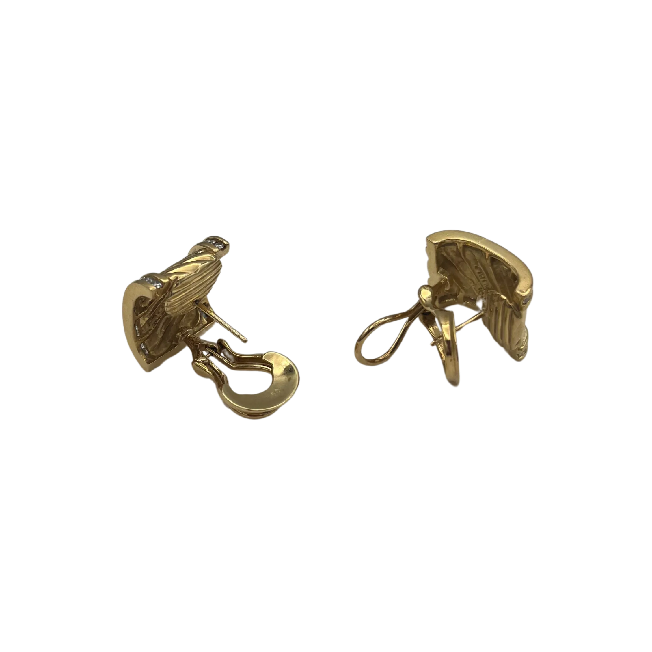 David Yurman Solid 18k Yellow Gold and Diamond Ear Clips Thoroughbred Sculpted Cigar Band