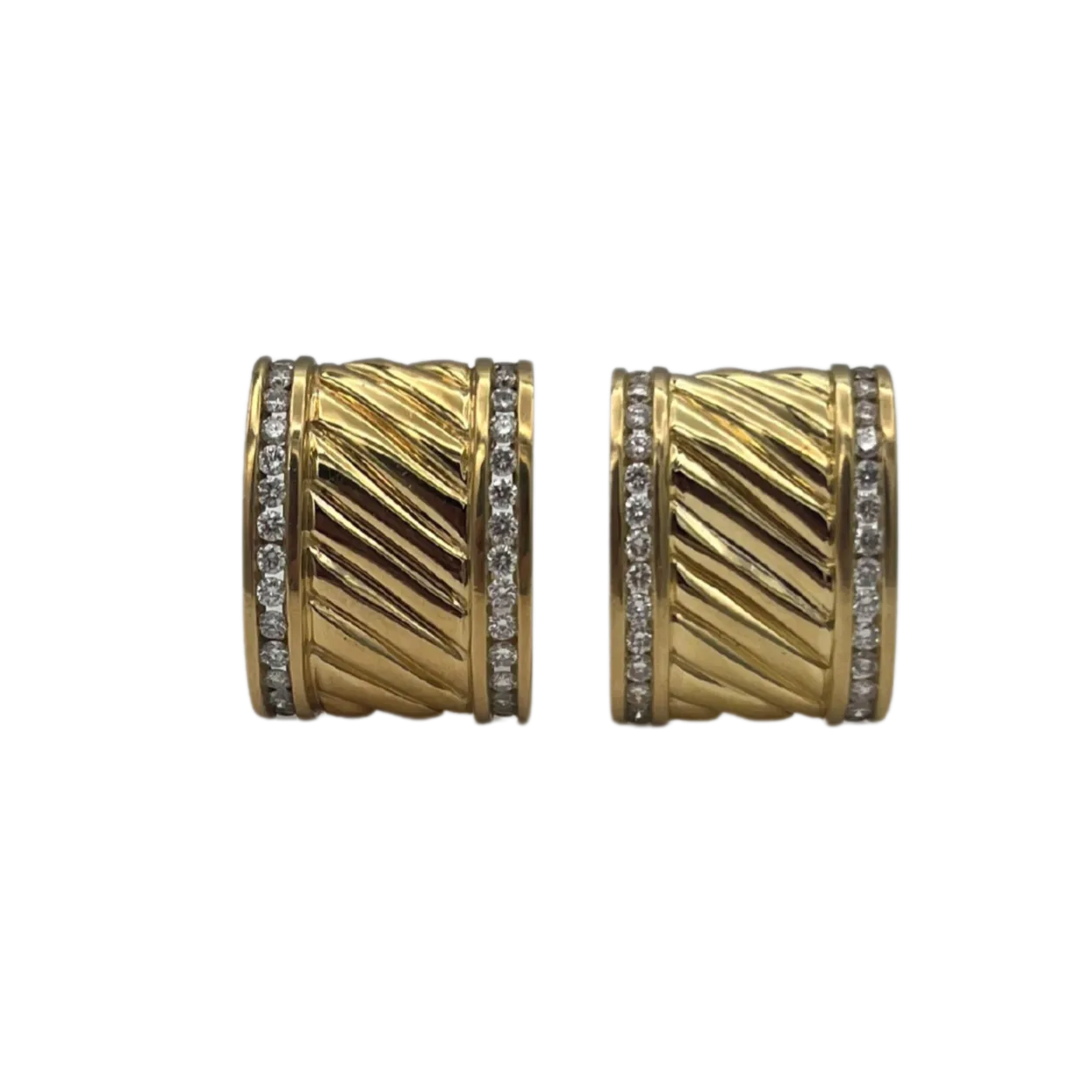 David Yurman Solid 18k Yellow Gold and Diamond Ear Clips Thoroughbred Sculpted Cigar Band