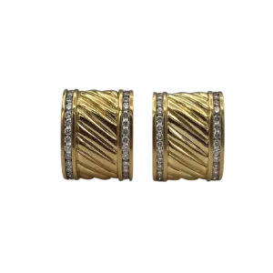 David Yurman Solid 18k Yellow Gold and Diamond Ear Clips Thoroughbred Sculpted Cigar Band