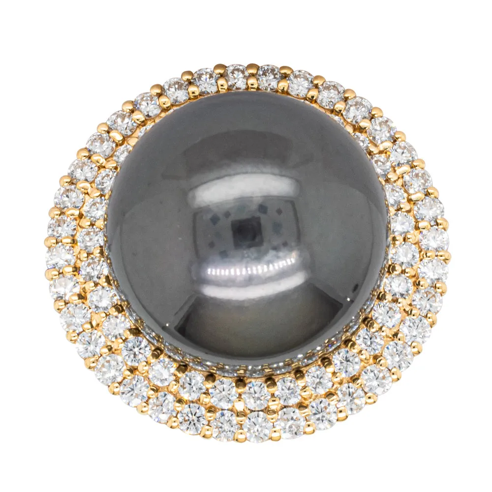 Deja Vu 18ct Yellow Gold 16mm Black Pearl & Diamond Ring
