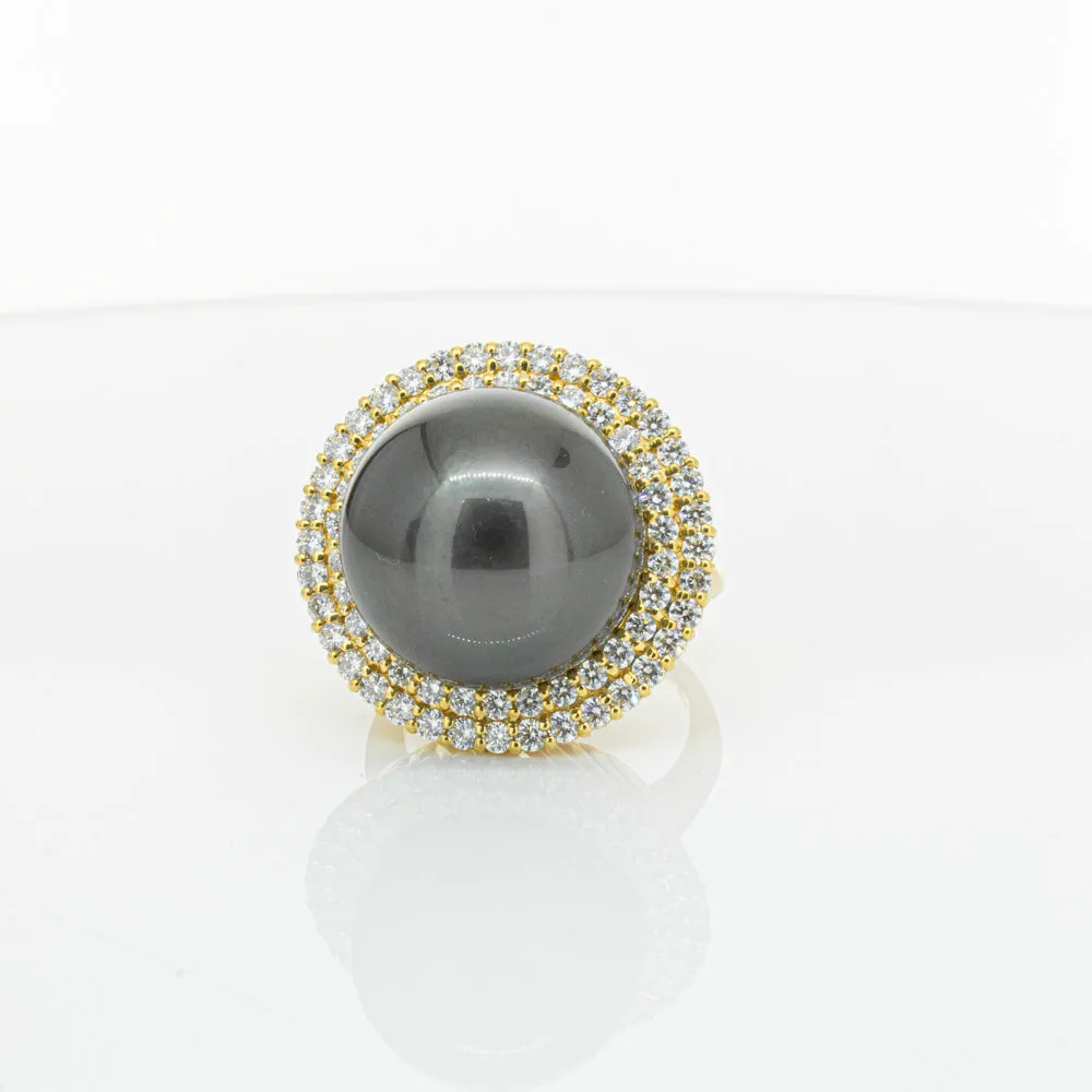 Deja Vu 18ct Yellow Gold 16mm Black Pearl & Diamond Ring