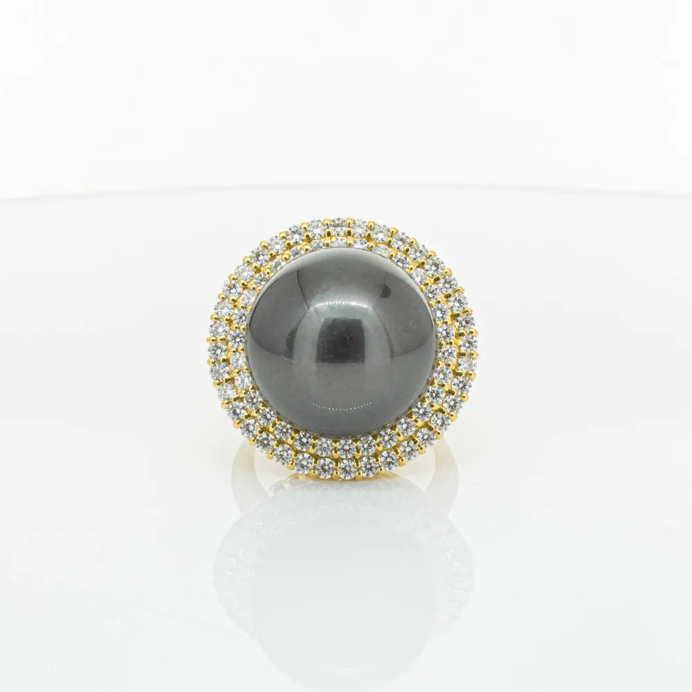 Deja Vu 18ct Yellow Gold 16mm Black Pearl & Diamond Ring