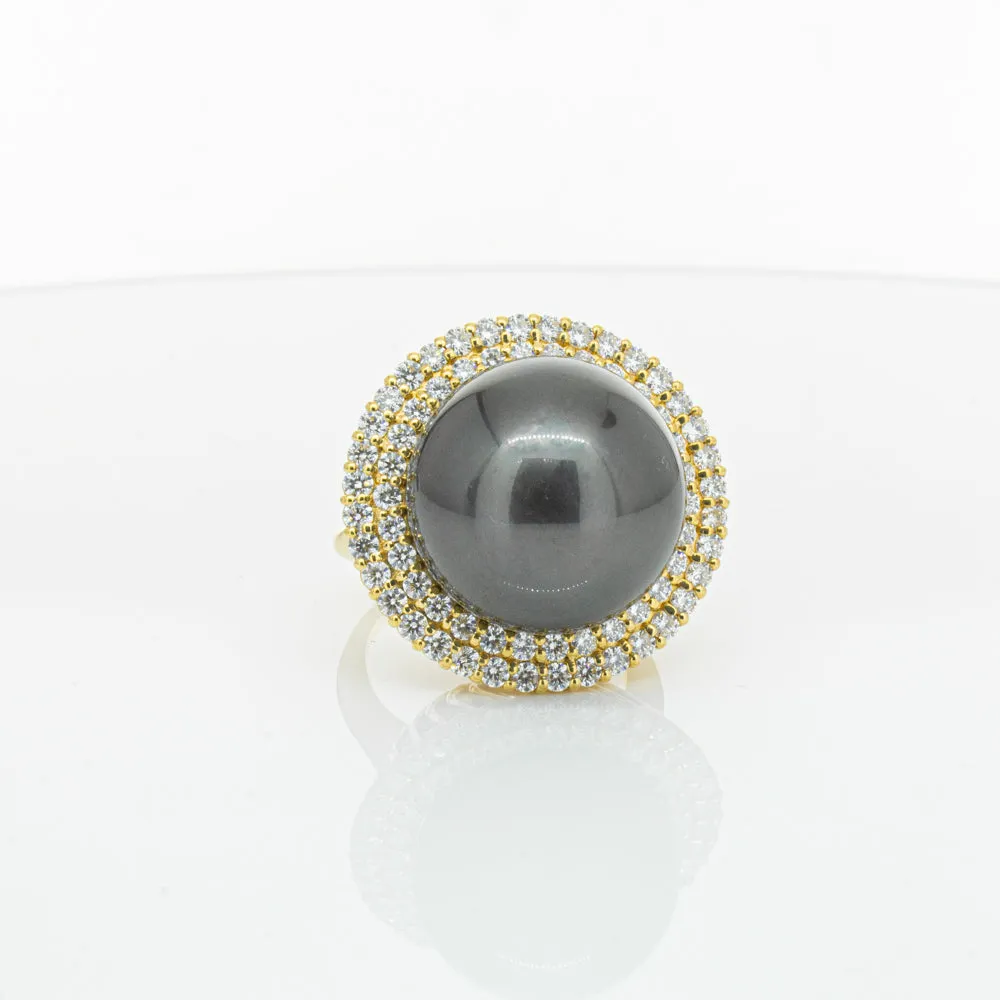 Deja Vu 18ct Yellow Gold 16mm Black Pearl & Diamond Ring