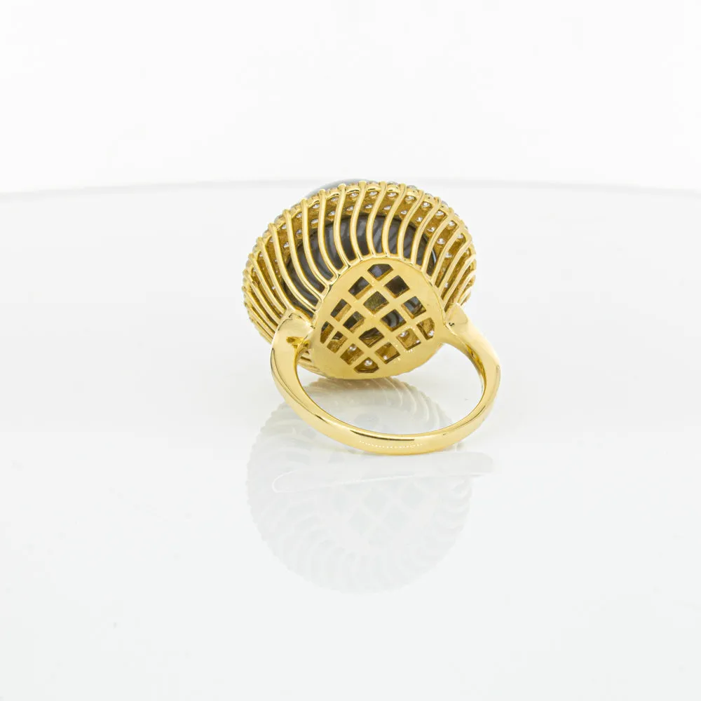Deja Vu 18ct Yellow Gold 16mm Black Pearl & Diamond Ring