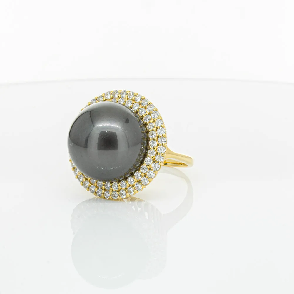 Deja Vu 18ct Yellow Gold 16mm Black Pearl & Diamond Ring