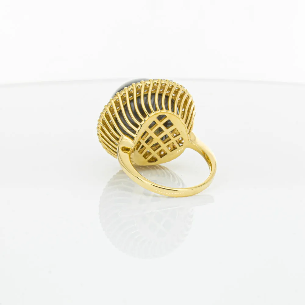 Deja Vu 18ct Yellow Gold 16mm Black Pearl & Diamond Ring