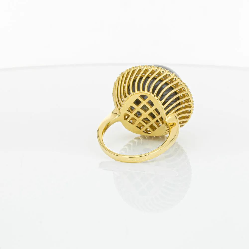 Deja Vu 18ct Yellow Gold 16mm Black Pearl & Diamond Ring