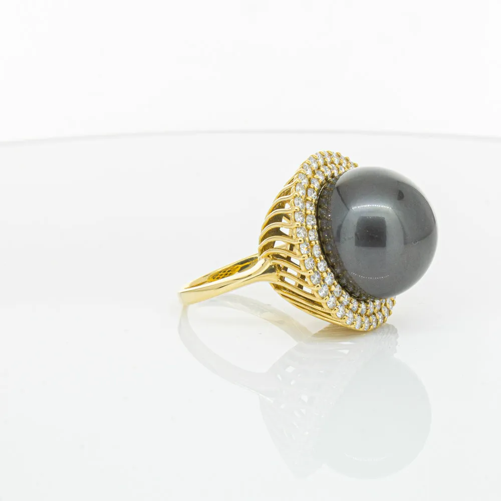 Deja Vu 18ct Yellow Gold 16mm Black Pearl & Diamond Ring