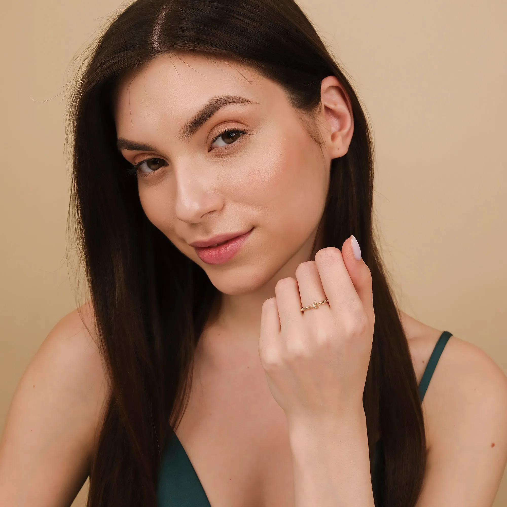 Diamond Moon Chain Ring, Francesca