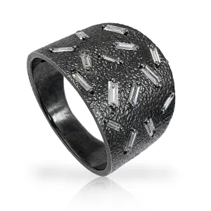 Elizabeth Garvin White Diamond Baguette Oxidized Silver Ice Ring
