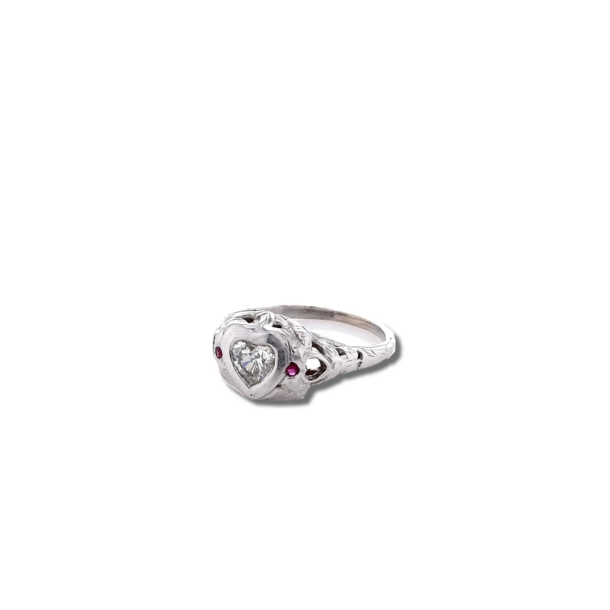 Estate 18 Karat White Gold Bezel Set Heart Shape Diamond Filagree Ring