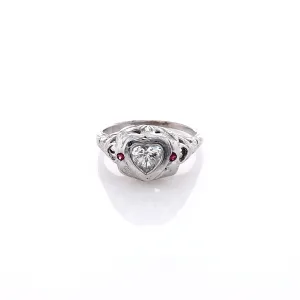 Estate 18 Karat White Gold Bezel Set Heart Shape Diamond Filagree Ring