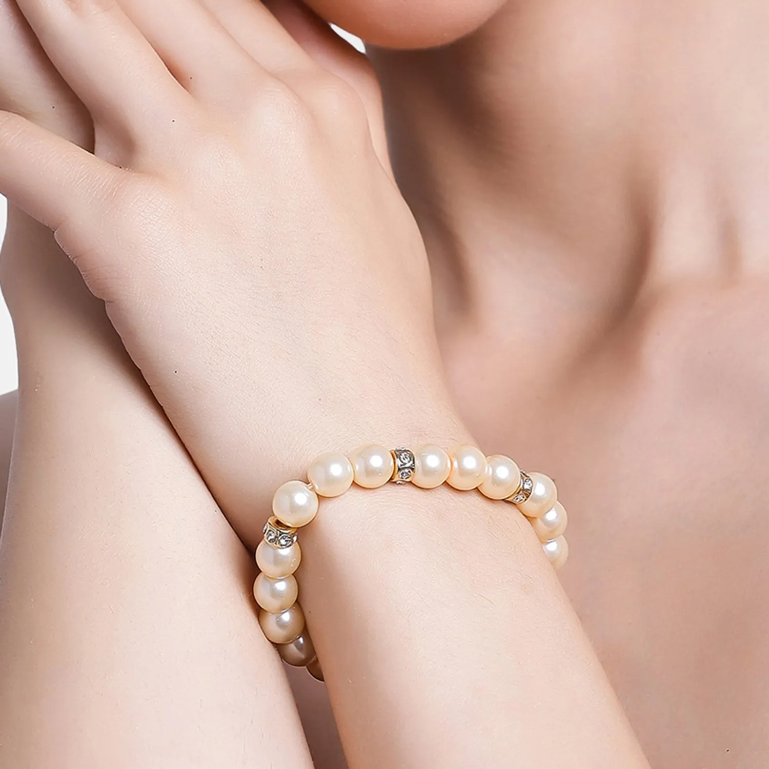Estele - Fancy Cream Pearl Single line Bracelet with Crystal Balls