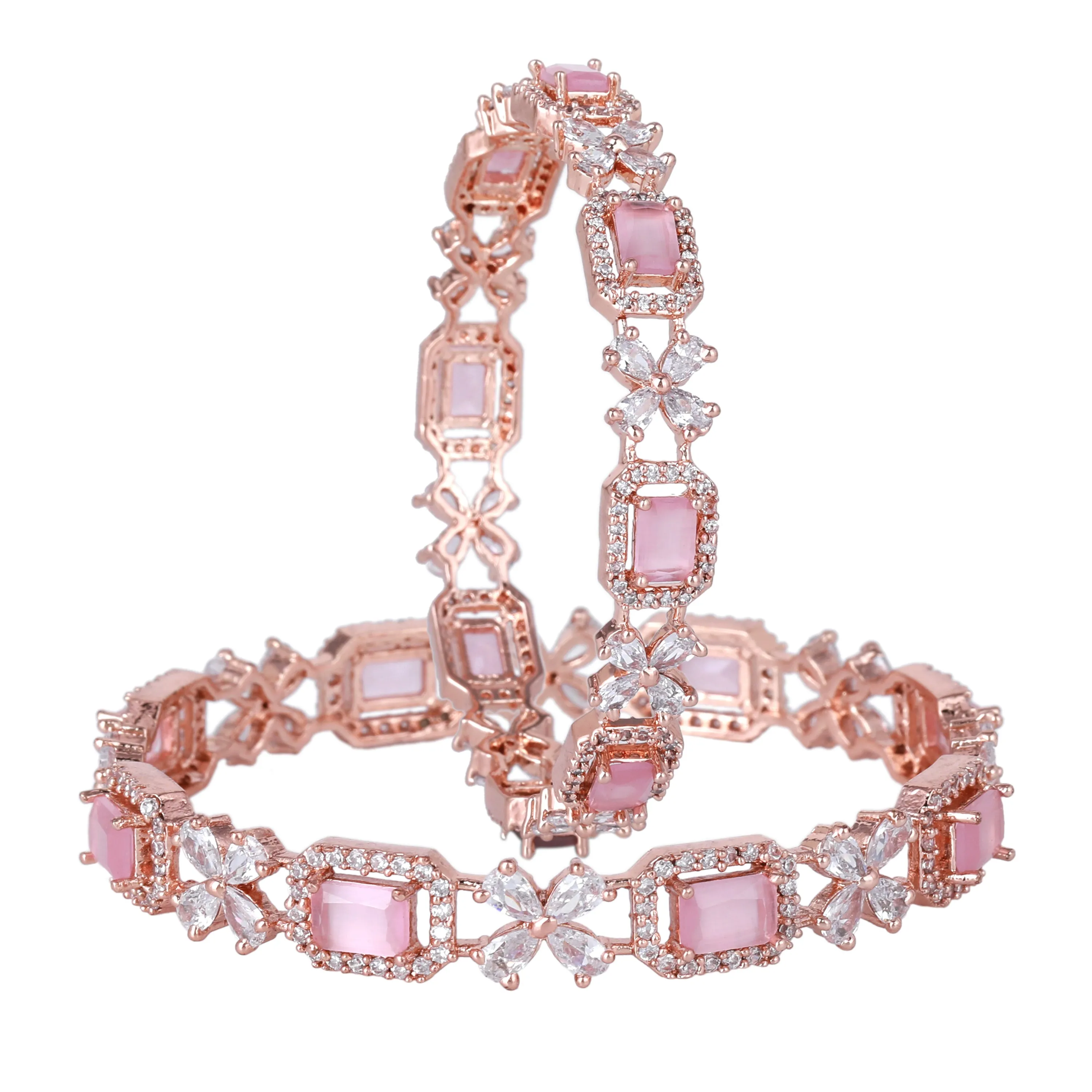 Estele Rosegold Plated Glossy Mint Pink American Diamond Floral Bangles|Available in 2:4, 2:6, & 2:8 Sizes|Perfect Blend of Glamour & Elegance for Women
