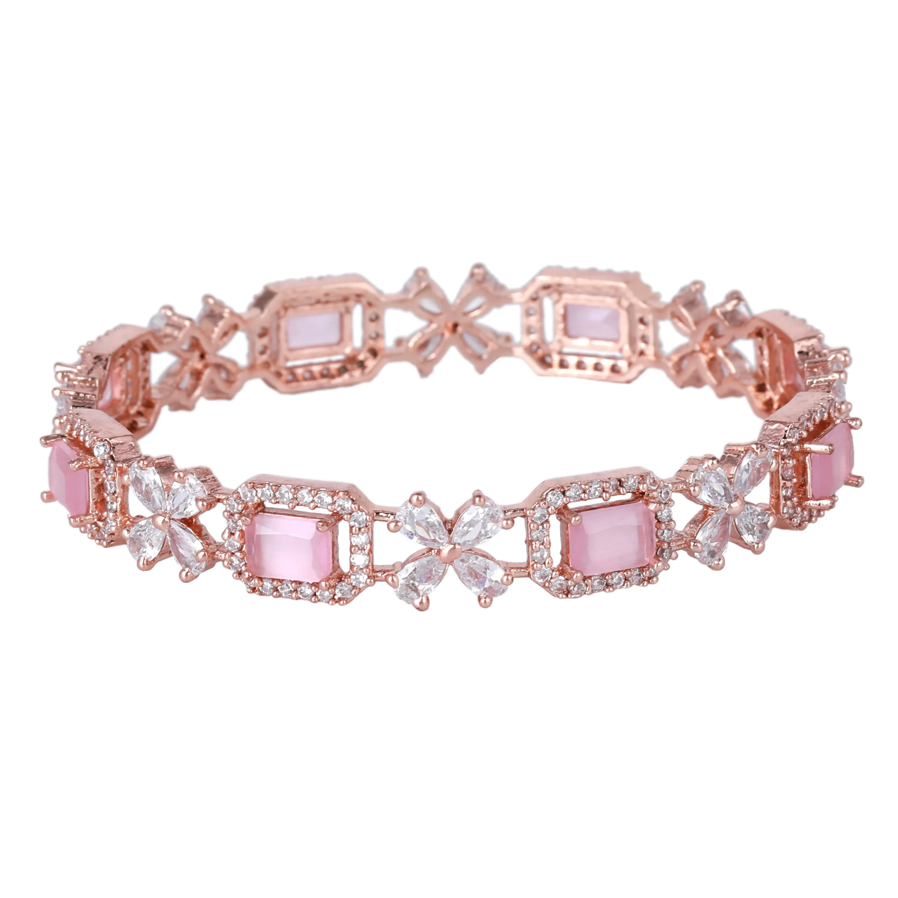 Estele Rosegold Plated Glossy Mint Pink American Diamond Floral Bangles|Available in 2:4, 2:6, & 2:8 Sizes|Perfect Blend of Glamour & Elegance for Women