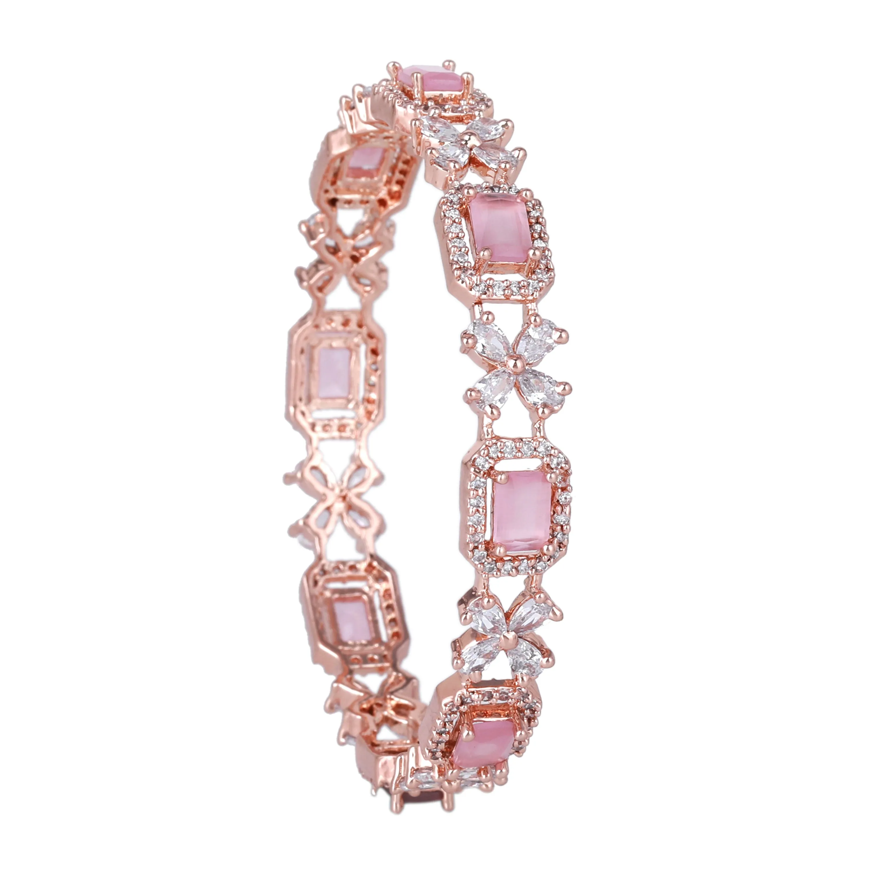 Estele Rosegold Plated Glossy Mint Pink American Diamond Floral Bangles|Available in 2:4, 2:6, & 2:8 Sizes|Perfect Blend of Glamour & Elegance for Women